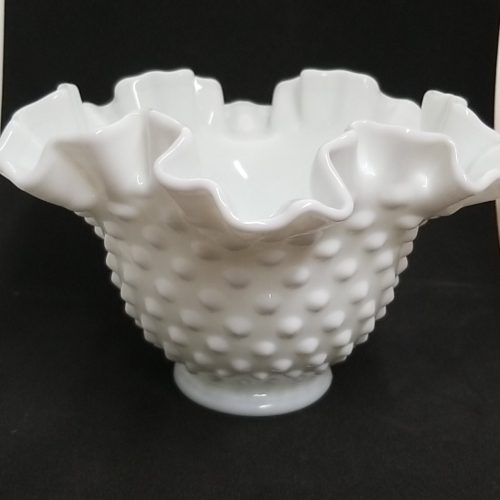 Vintage Fenton Milkglass Hobnail Ruffled Bowl